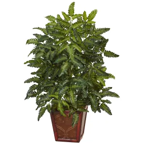 32" Artificial Bracken Fern in Wooden Planter - Low Maintenance, Life-Like & Vibrant Silk Plants For Busy People.