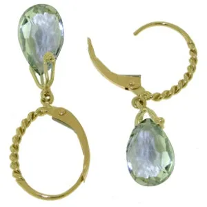 6 Carat 14K Solid Yellow Gold Leverback Earrings Briolette Green Amethyst