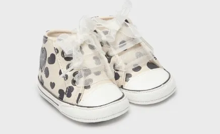 9693 Mayoral Baby Girls Ribbon Lace Up Natural/Black Heart Sneakers - Chickpea