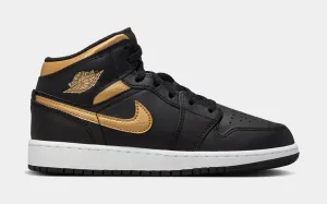 Air Jordan 1 Mid Grade School Lifestyle Shoes (Black/White/Metallic Gold)