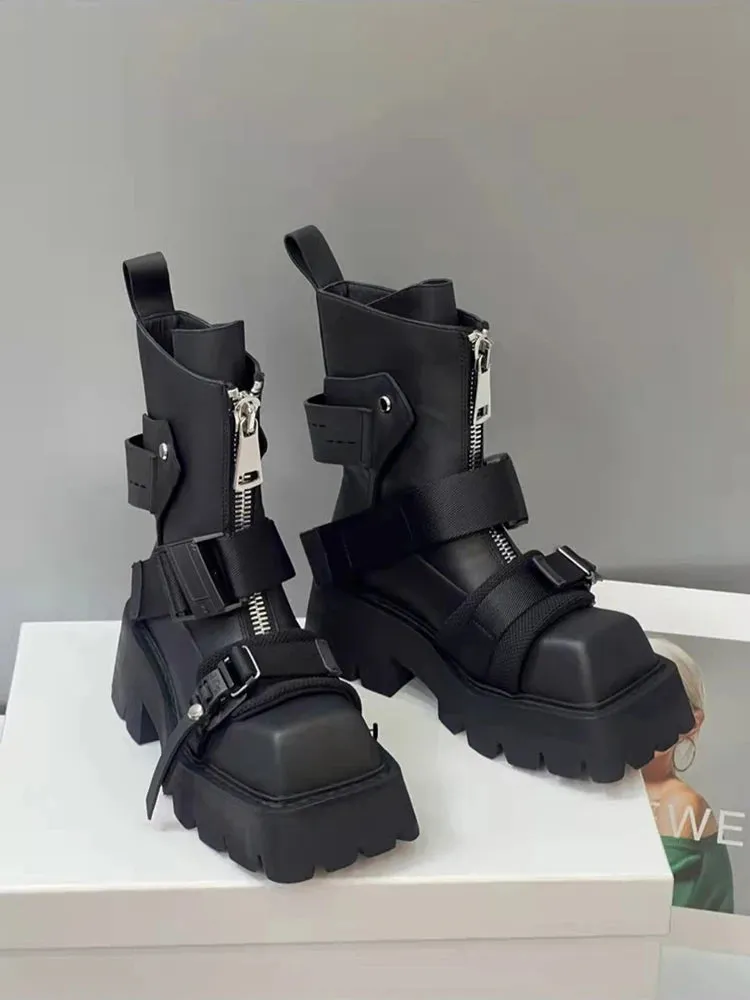 Amozae-Genuine Leather Boots Women 2024 Tube Platform Boots Belt Buckle Design Cool Biker Botas Square Thick Bottom Head Ankle Boots