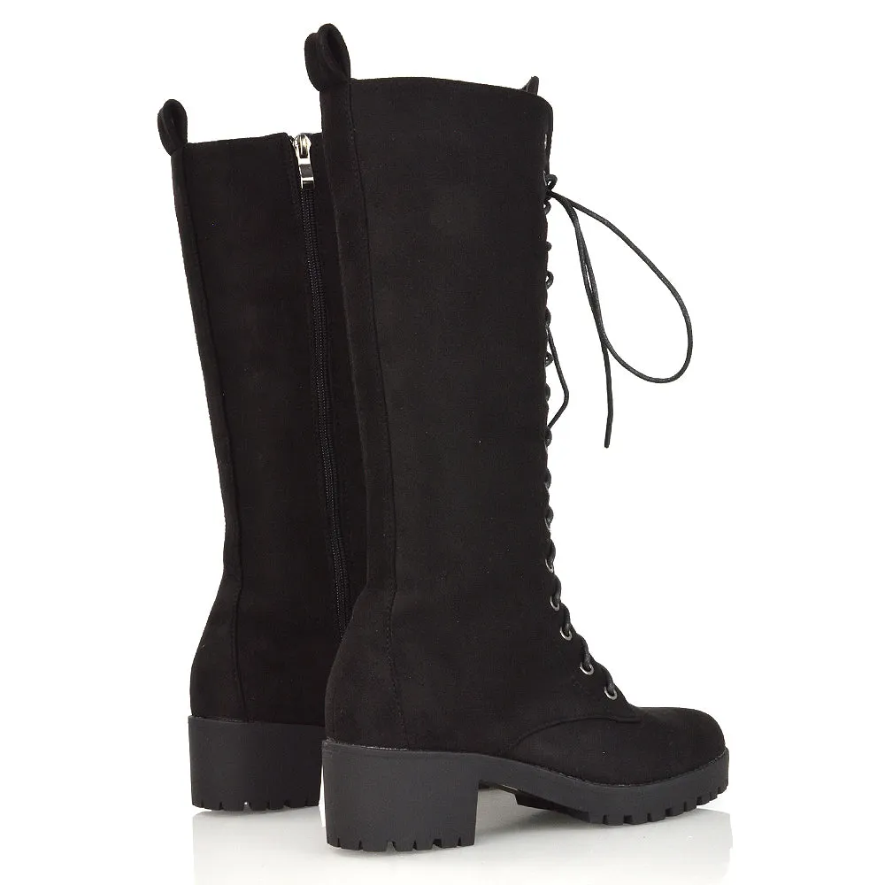 Aspen Lace Up Block High Heel Knee High Biker Boots In Black Faux Suede