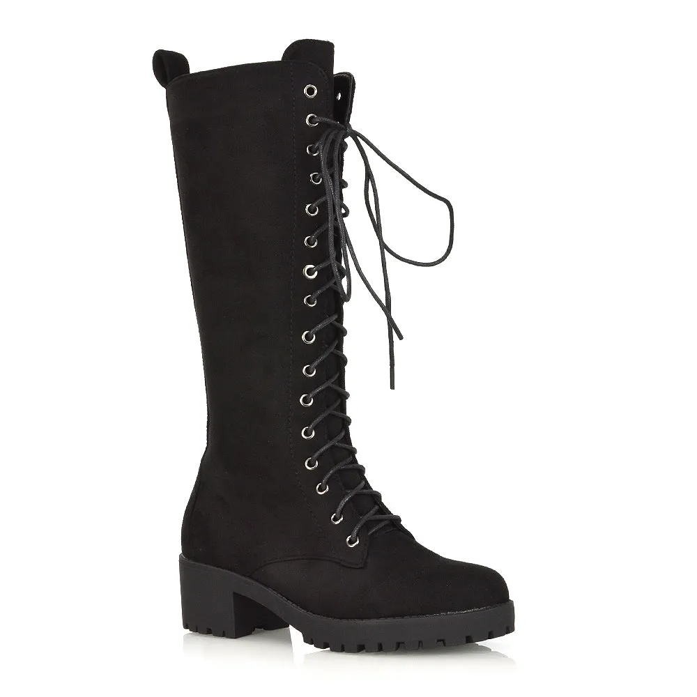 Aspen Lace Up Block High Heel Knee High Biker Boots In Black Faux Suede