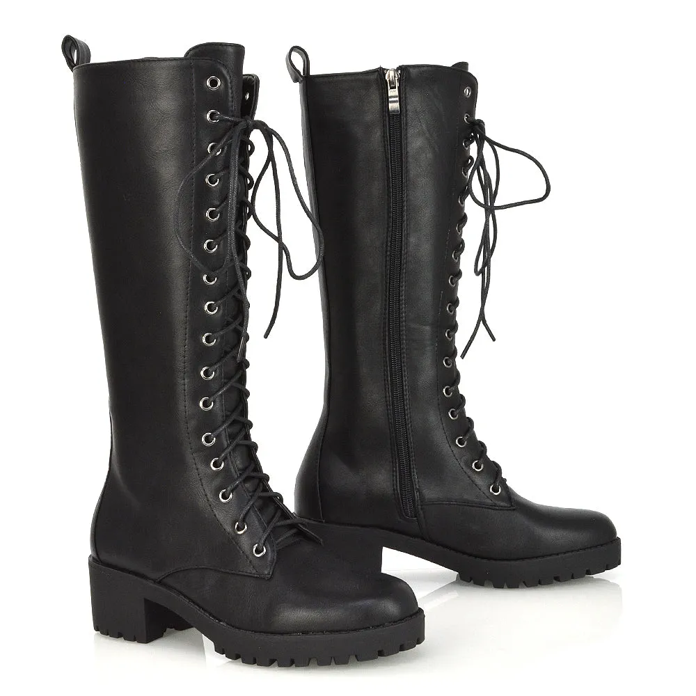 Aspen Lace Up Block High Heel Knee High Biker Boots In Black Faux Suede