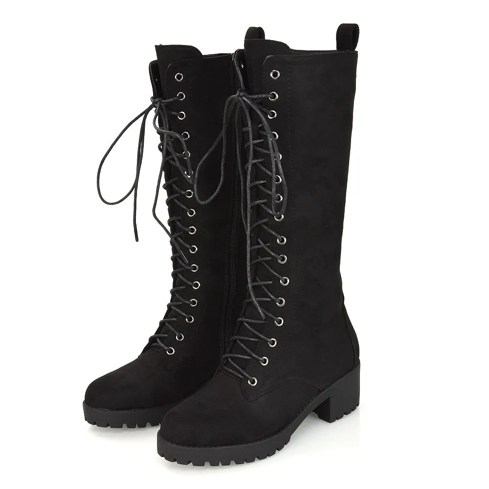 Aspen Lace Up Block High Heel Knee High Biker Boots In Black Faux Suede