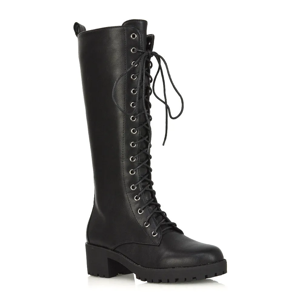 Aspen Lace Up Block High Heel Knee High Biker Boots In Black Faux Suede