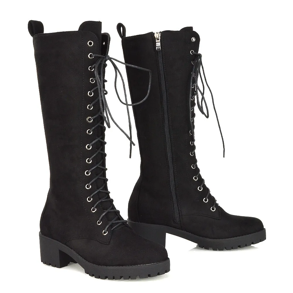 Aspen Lace Up Block High Heel Knee High Biker Boots In Black Faux Suede