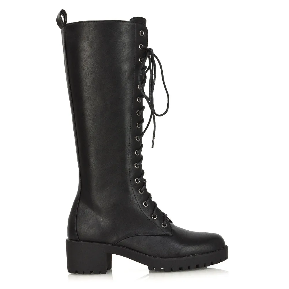 Aspen Lace Up Block High Heel Knee High Biker Boots In Black Faux Suede