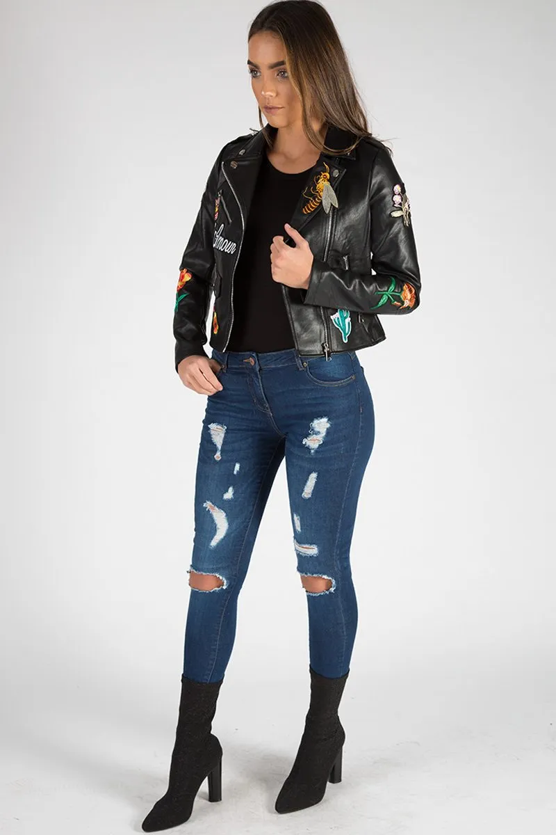 Black Faux Leather Floral Embroidered Biker Jacket - Amelie