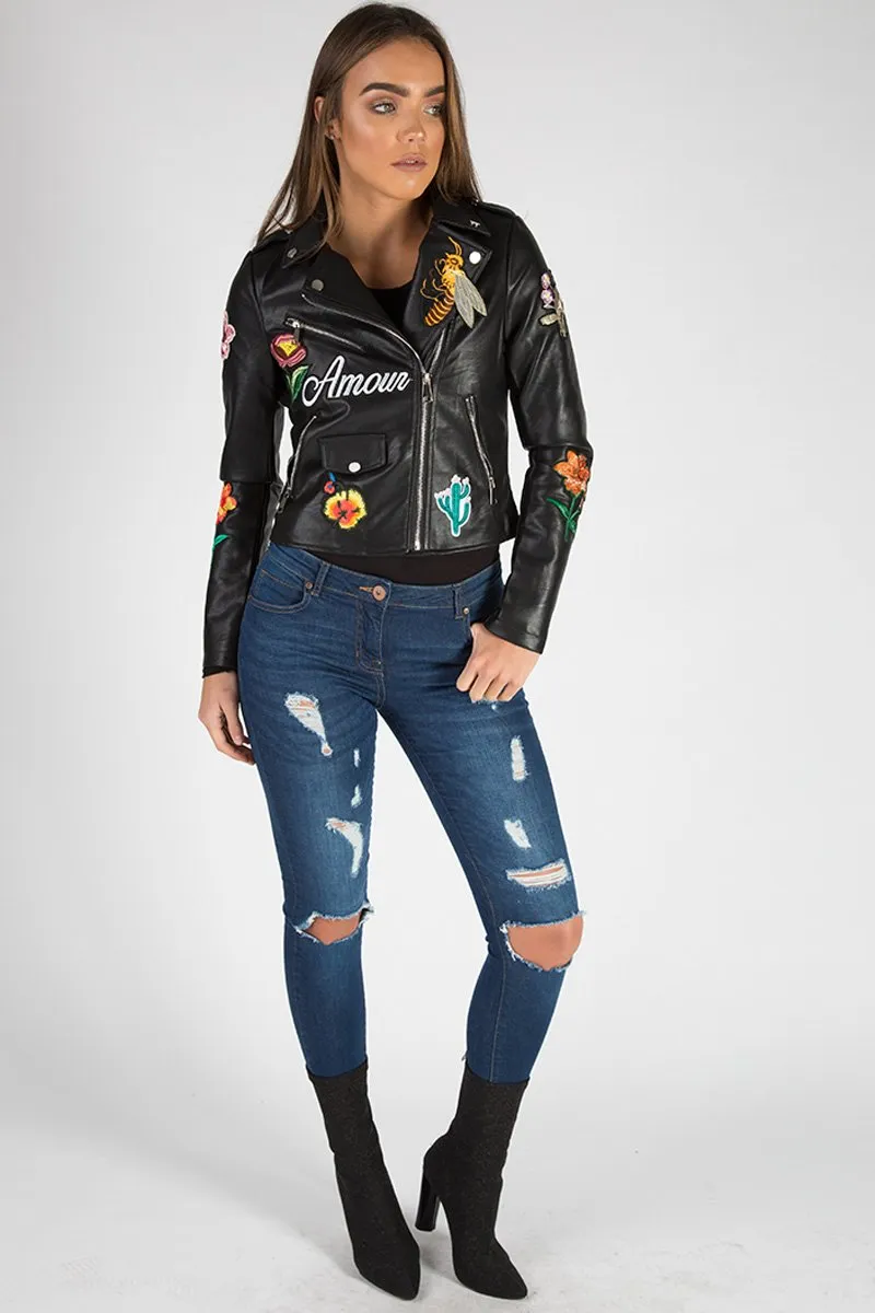 Black Faux Leather Floral Embroidered Biker Jacket - Amelie