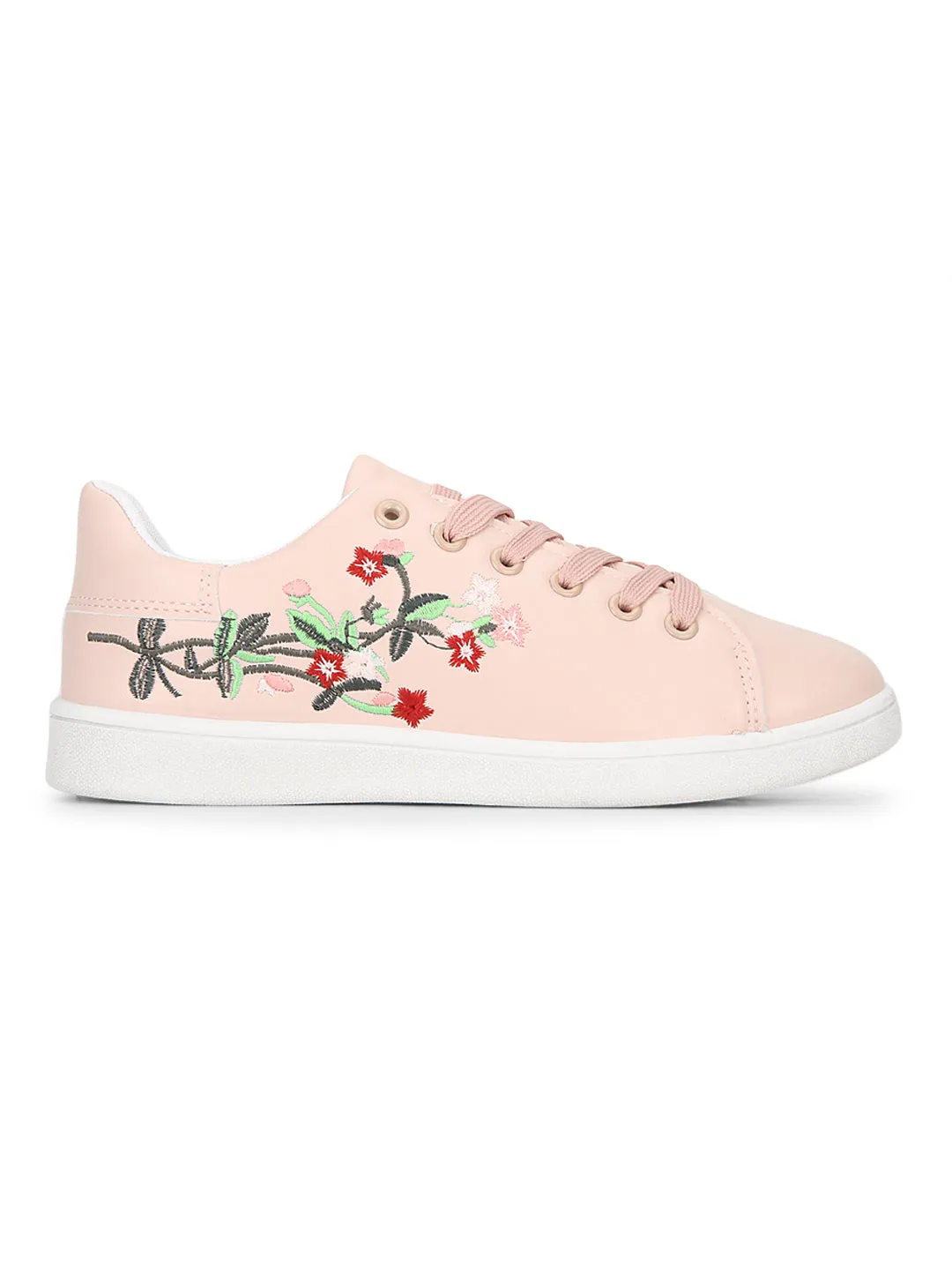 Blush PU Embroidered Lace-up Sneakers