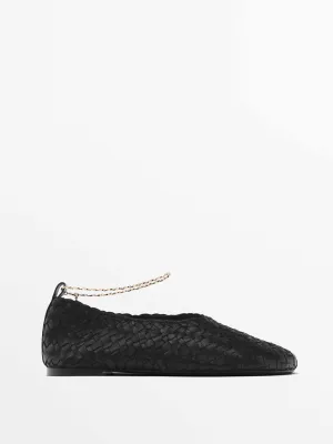 Braided ballet flats with ankle strap