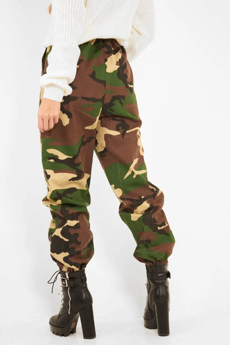 Brown Camo Print Denim Cuffed Cargo Trousers - Aryan