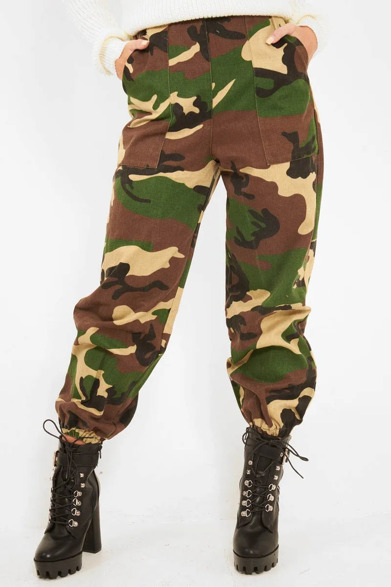 Brown Camo Print Denim Cuffed Cargo Trousers - Aryan