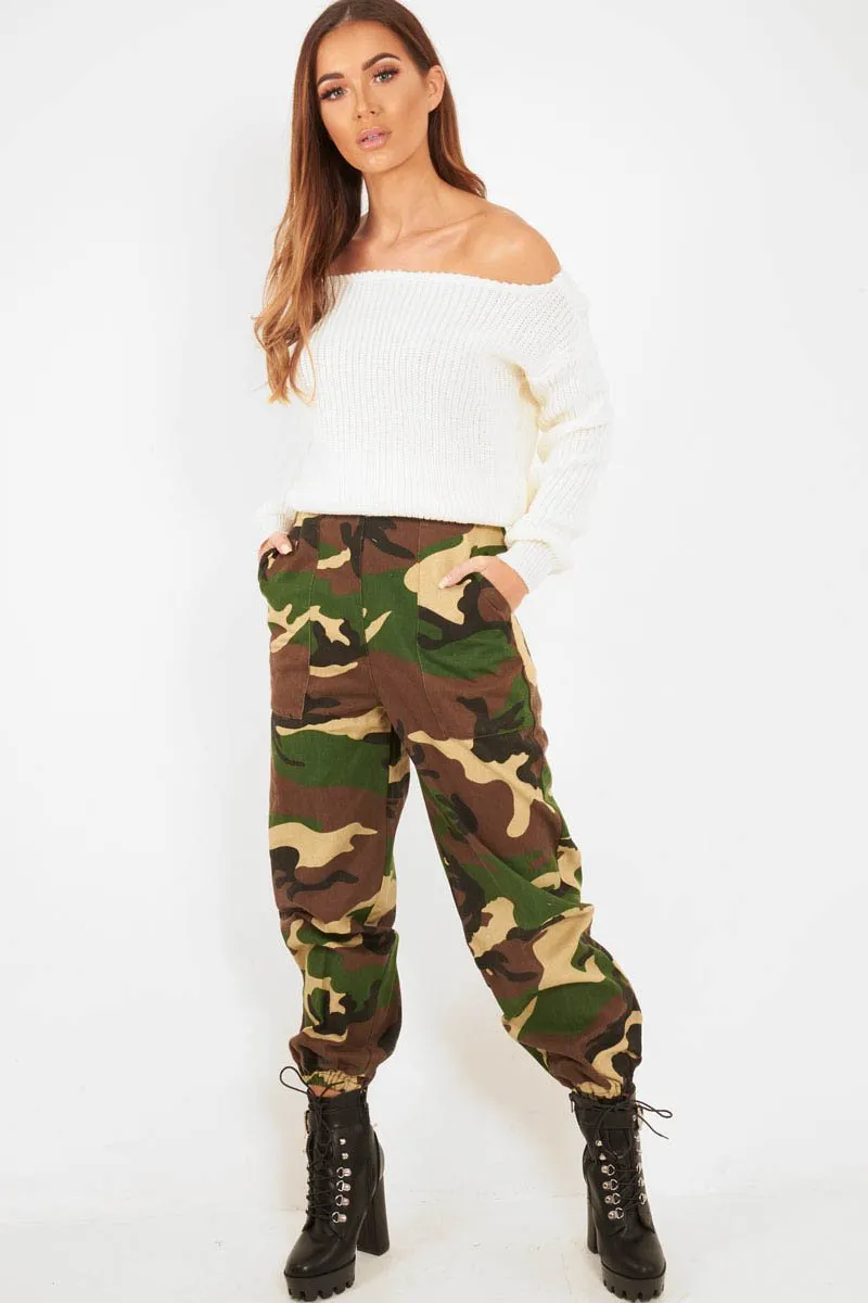 Brown Camo Print Denim Cuffed Cargo Trousers - Aryan