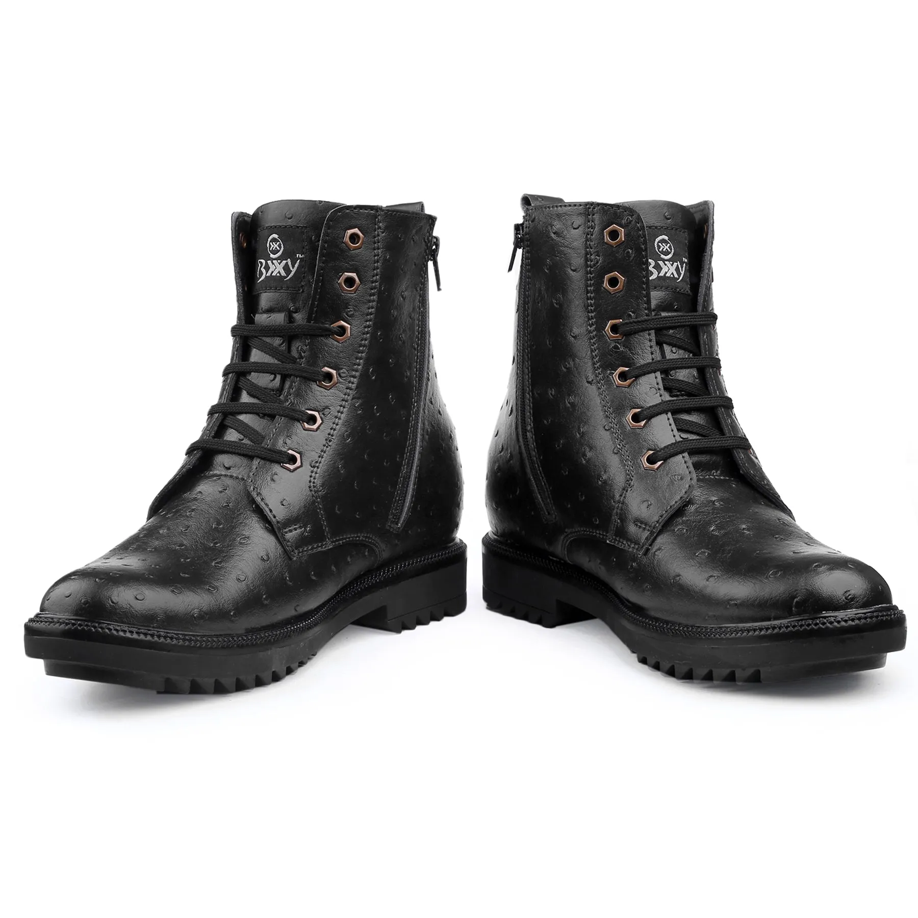 Bxxy's 4 inches Hidden Height Increasing Vegan Leather Lace-up Biker Boots