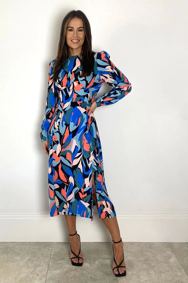 Cass Long Sleeve Split Leg Midi Dress (Blue/Coral)