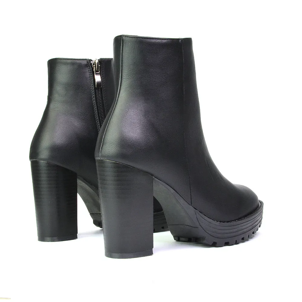 Cole Chunky Biker Block Heeled Platform Sock Ankle Boots in Black Faux Suede