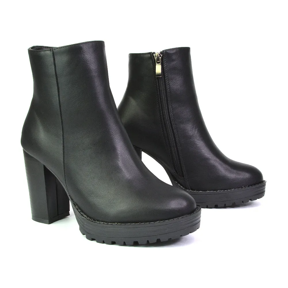 Cole Chunky Biker Block Heeled Platform Sock Ankle Boots in Black Faux Suede