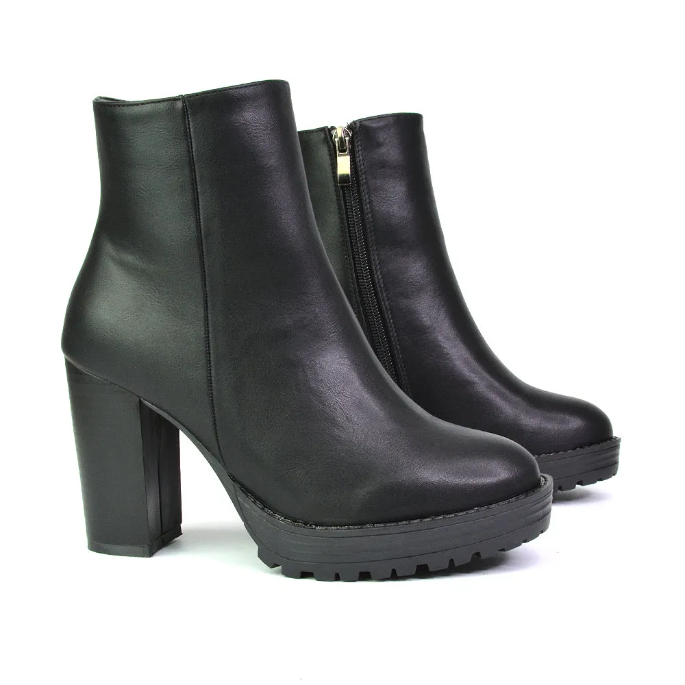 Cole Chunky Biker Block Heeled Platform Sock Ankle Boots in Black Faux Suede