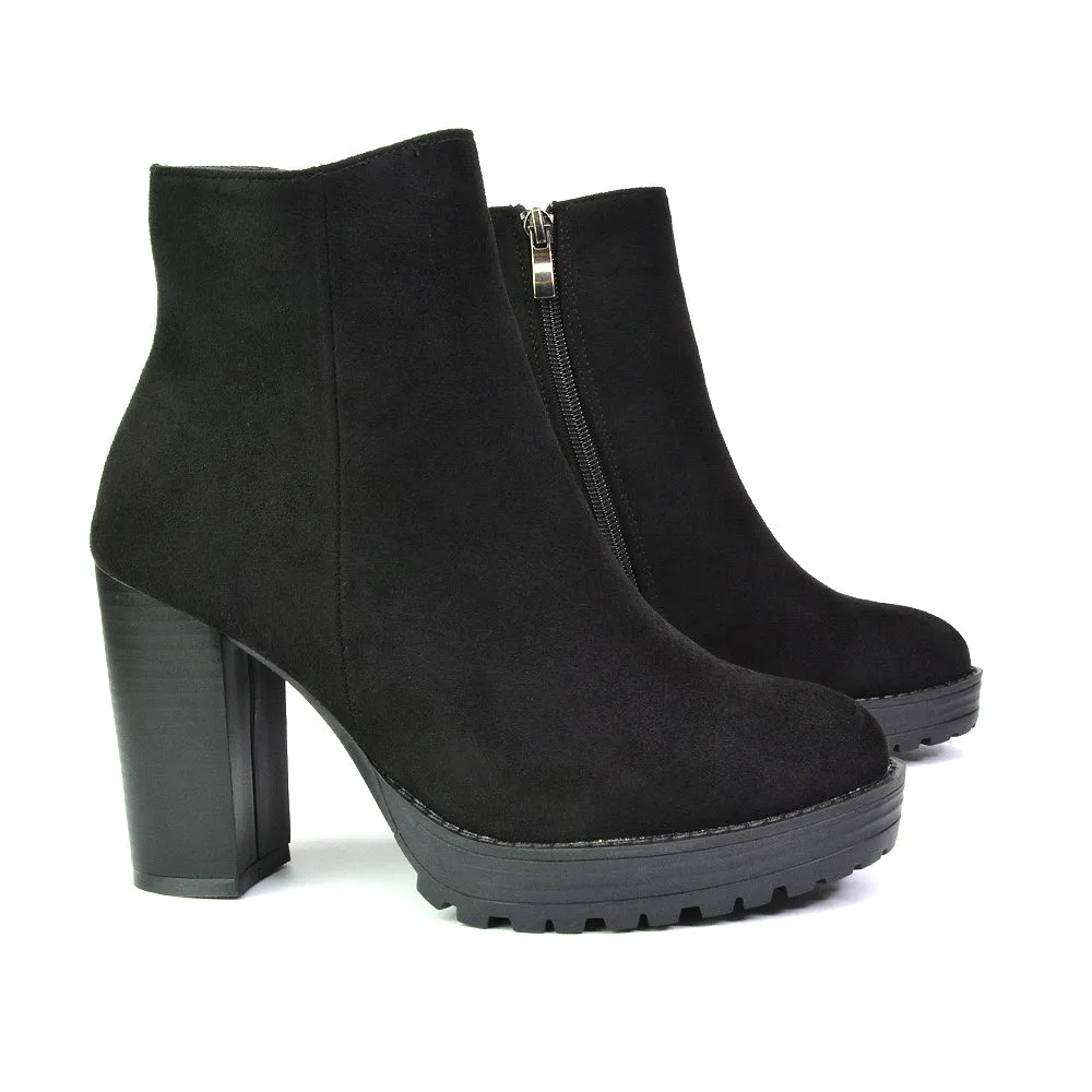 Cole Chunky Biker Block Heeled Platform Sock Ankle Boots in Black Faux Suede