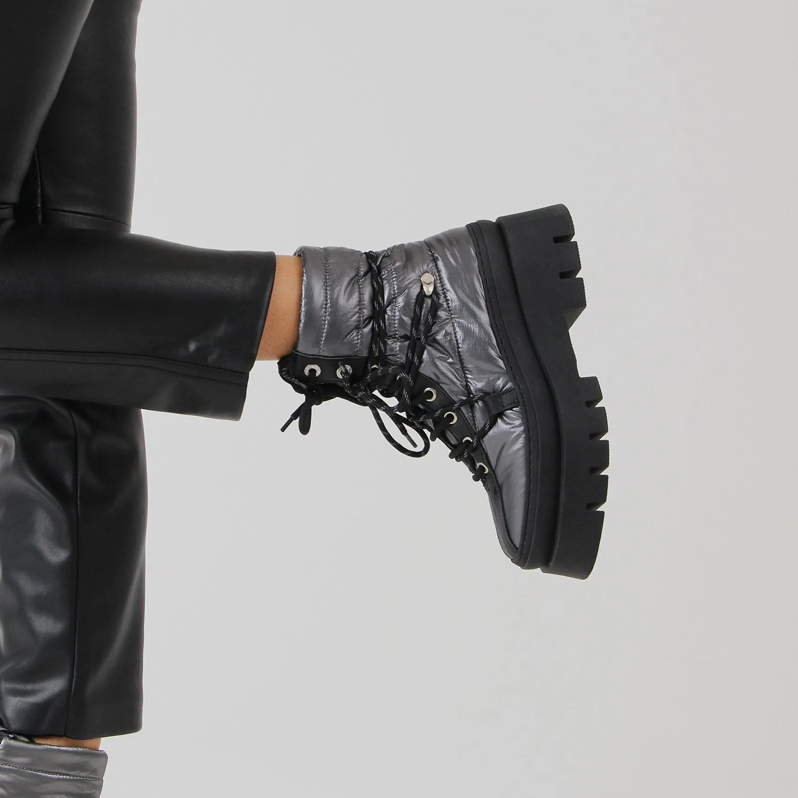 Evi-Ann Double Laces Gunmetal Chunky Boots