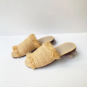 FRINGED TRIM RAFFIA SANDALS