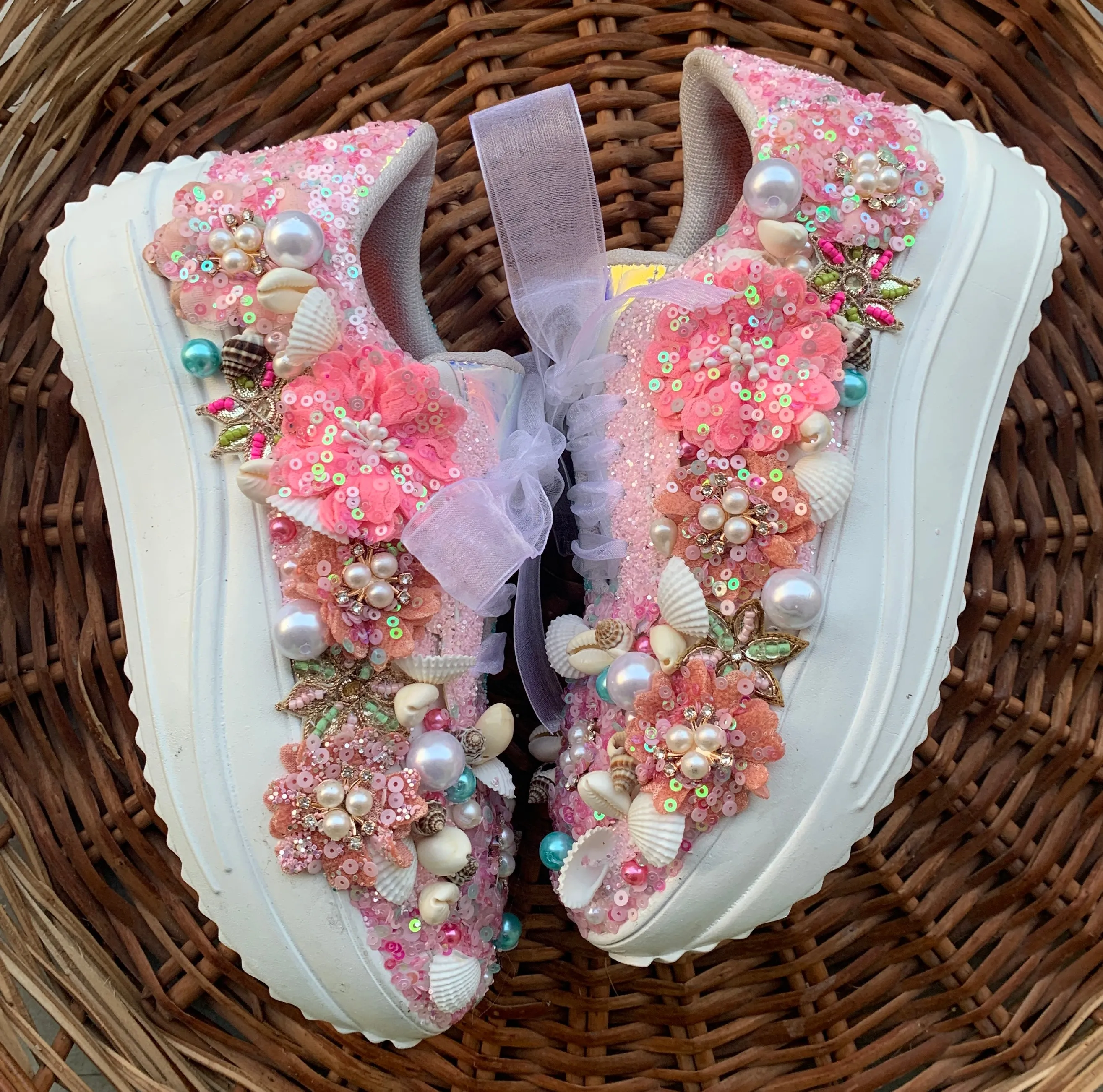 FUNKY N TRENDY floral theme hand work sneakers for brides / bridesmaids/ shells sneakers / pearls sneakers / blue and pink shoes / pink and blue sneakers