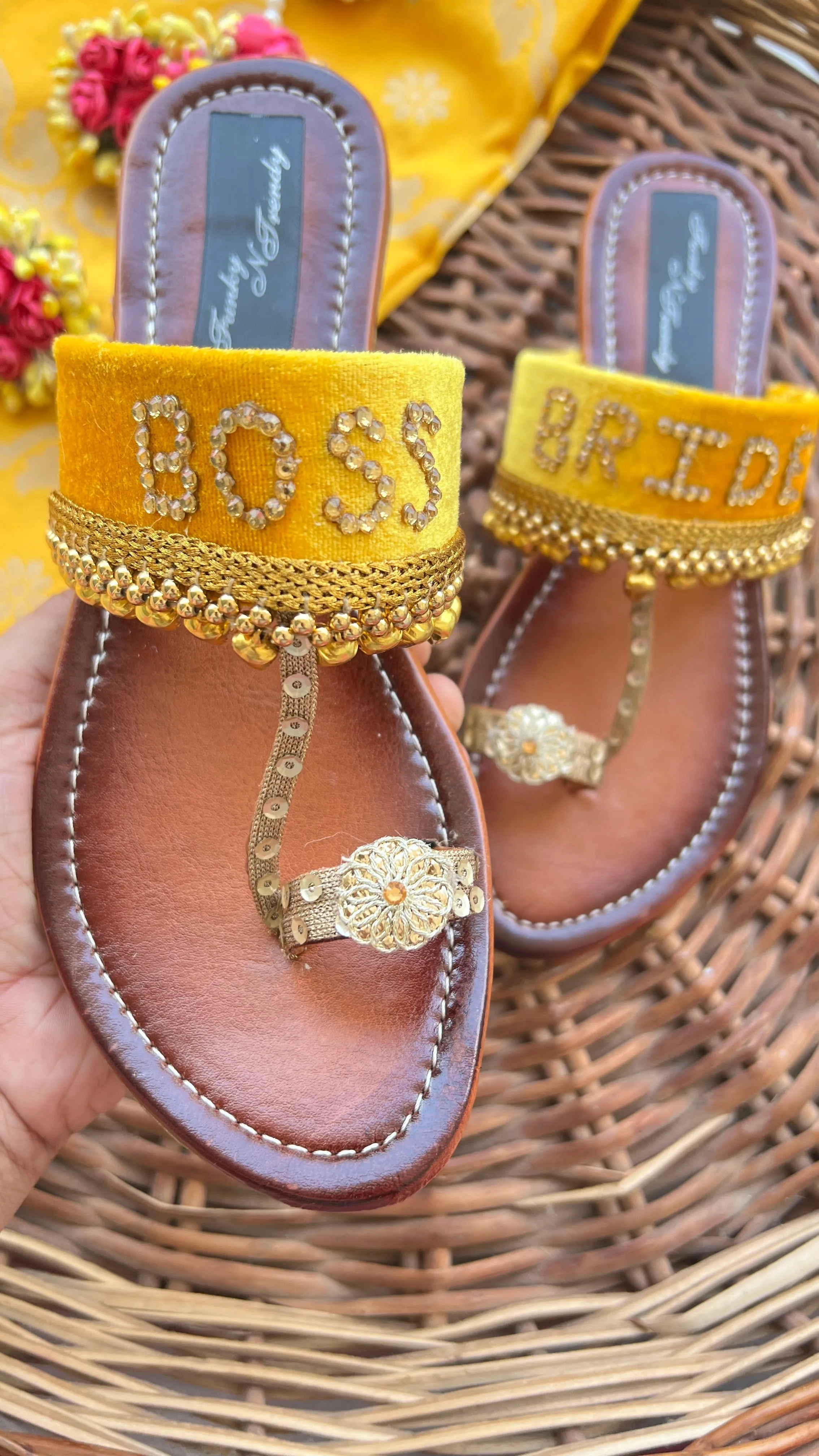 FUNKY N TRENDY hand crafted wedding theme kolhapuri for bride / handcrafted flats / quirky flats/boss bride kolhpauri / boss bride flats / yellow flats / haldi theme kolhapuris