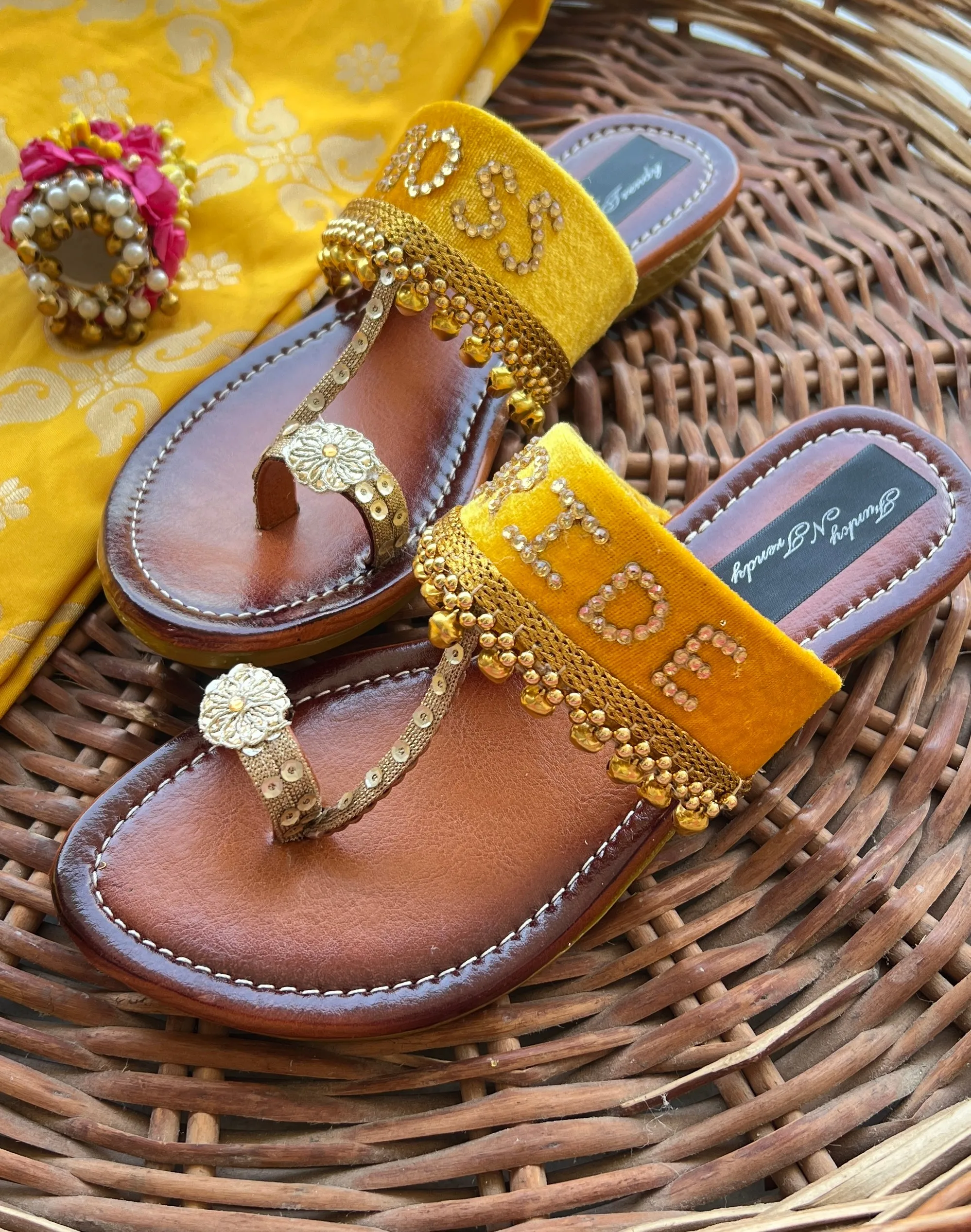 FUNKY N TRENDY hand crafted wedding theme kolhapuri for bride / handcrafted flats / quirky flats/boss bride kolhpauri / boss bride flats / yellow flats / haldi theme kolhapuris