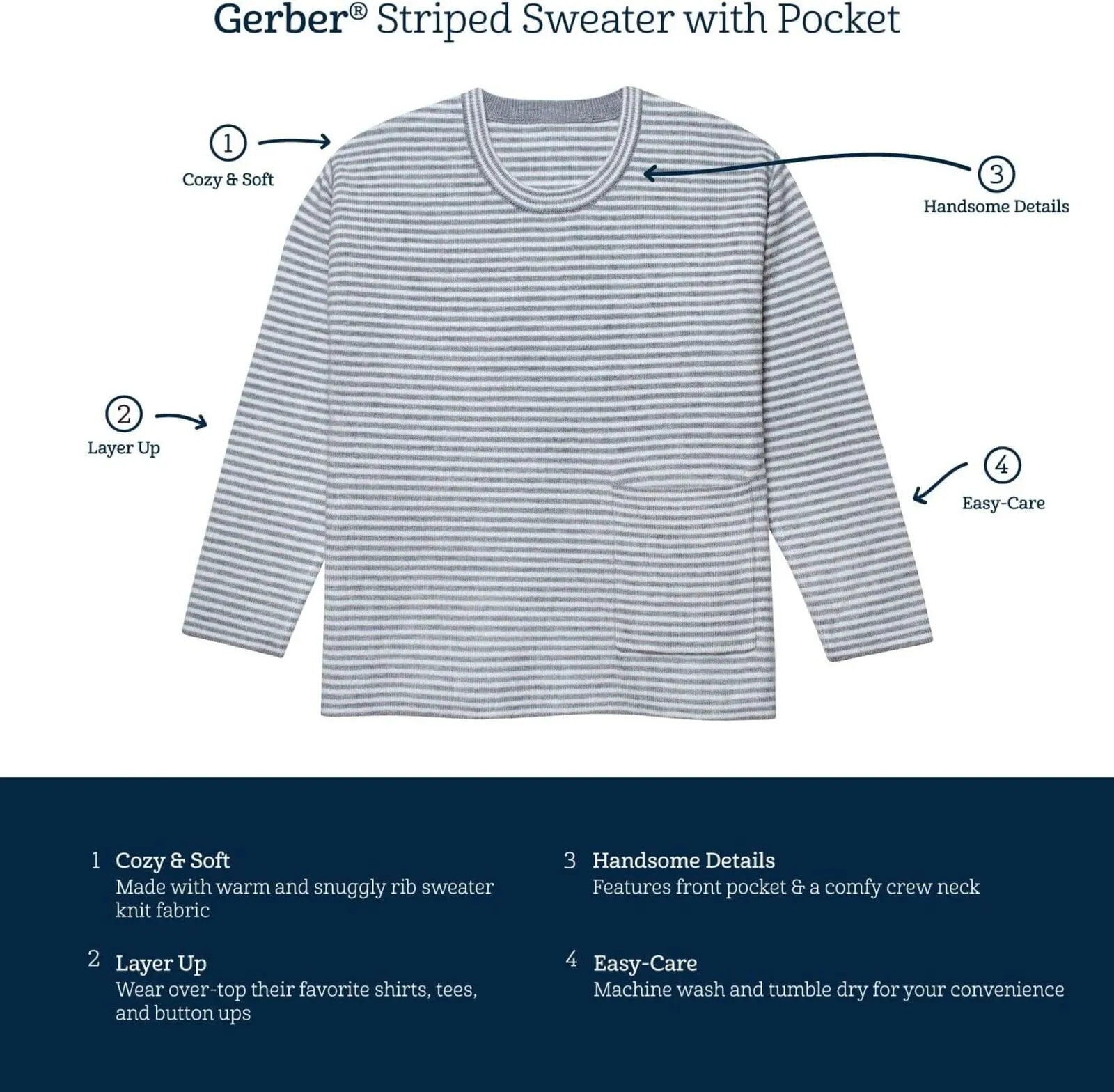 Gerber Baby Boys Striped Sweater with Pocket Gray Heather 24M