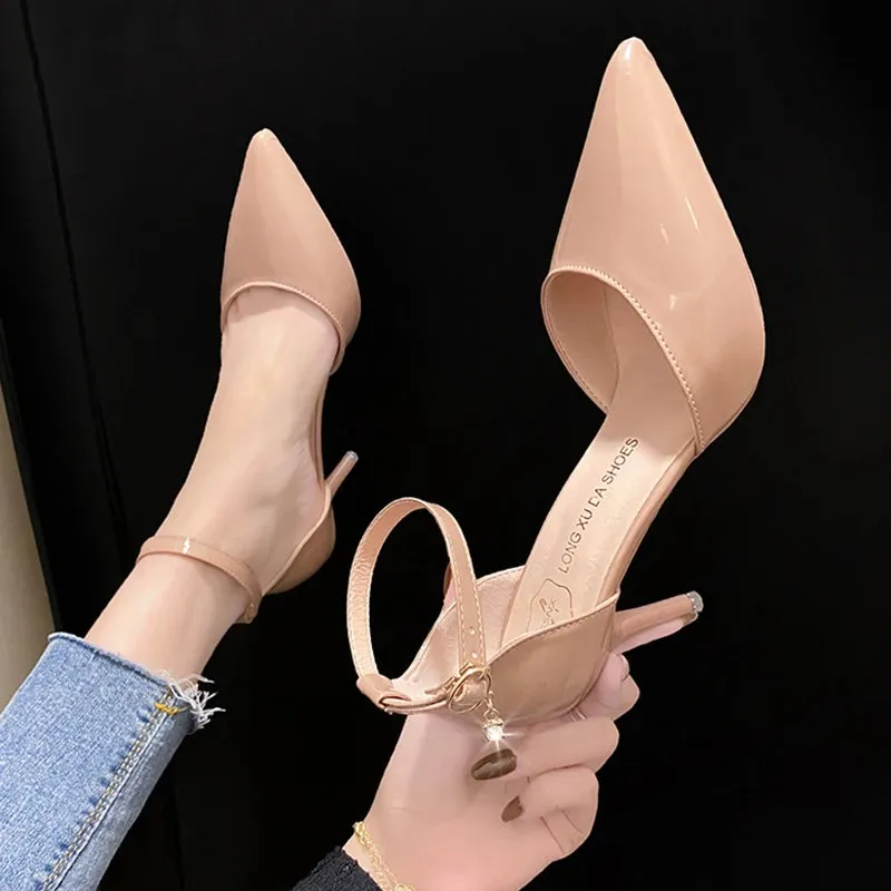 Hnzxzm Elegant Thin Heel Pumps Women New Ankle Strap Crystal High Heels Shoes Woman Pointed Toe Patent Leather Office Shoes