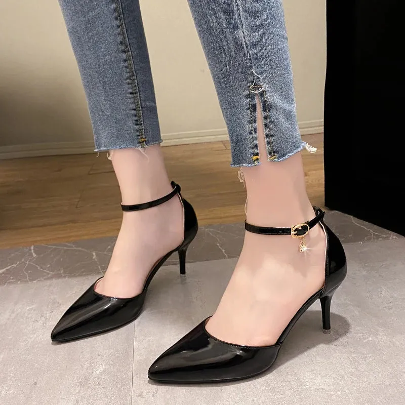 Hnzxzm Elegant Thin Heel Pumps Women New Ankle Strap Crystal High Heels Shoes Woman Pointed Toe Patent Leather Office Shoes