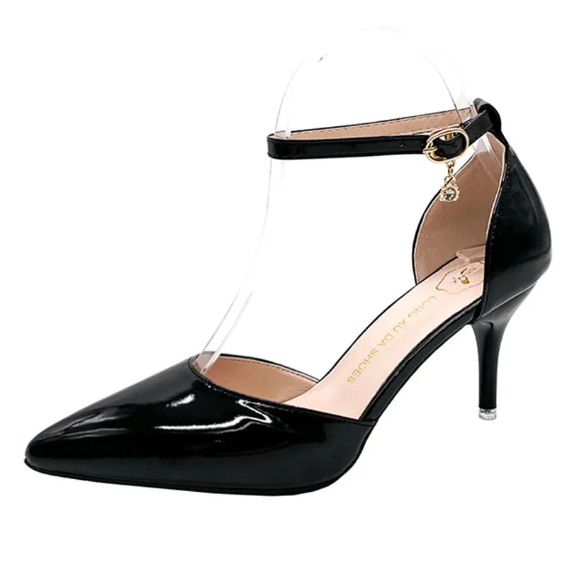 Hnzxzm Elegant Thin Heel Pumps Women New Ankle Strap Crystal High Heels Shoes Woman Pointed Toe Patent Leather Office Shoes