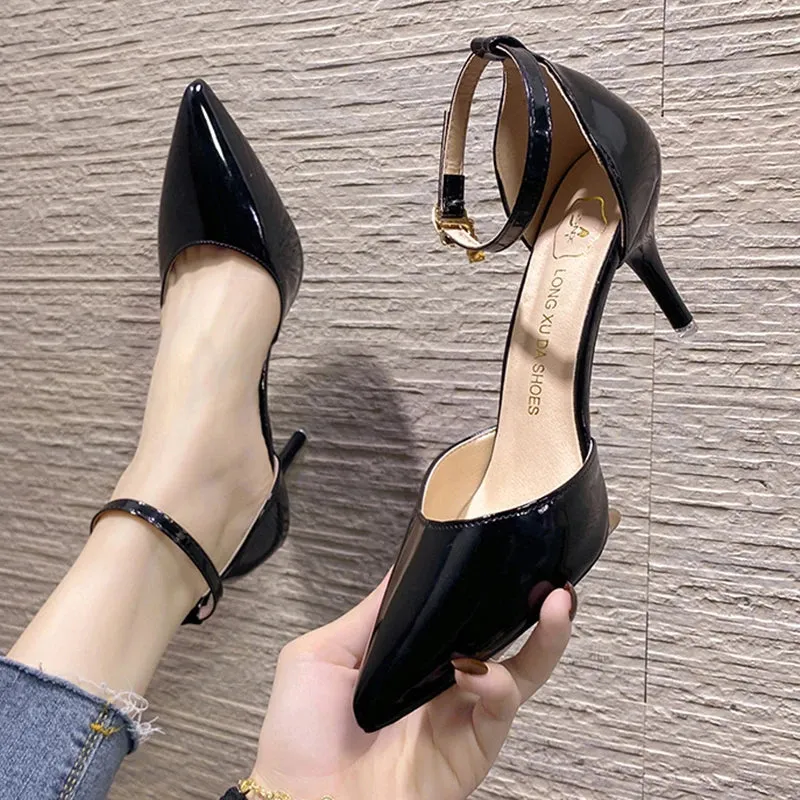 Hnzxzm Elegant Thin Heel Pumps Women New Ankle Strap Crystal High Heels Shoes Woman Pointed Toe Patent Leather Office Shoes