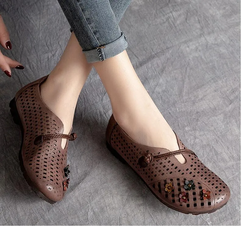 Hollowed Moccasins For Women Genuine Leather handmade Flats Breathable Loafers Shoes Women's Soft Casual Flat Shoes