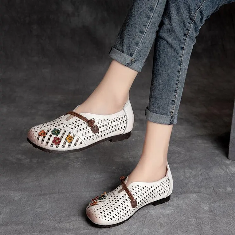 Hollowed Moccasins For Women Genuine Leather handmade Flats Breathable Loafers Shoes Women's Soft Casual Flat Shoes