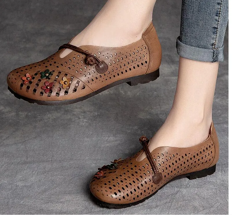 Hollowed Moccasins For Women Genuine Leather handmade Flats Breathable Loafers Shoes Women's Soft Casual Flat Shoes