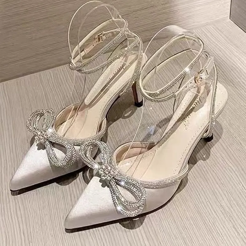 JOSKAA Fashion Women's High Heel Sandals Rhinestone Woman Pump Crystal Bowknot Ankle Strap Ladies Prom Shoes Women 2024 Female Footwear