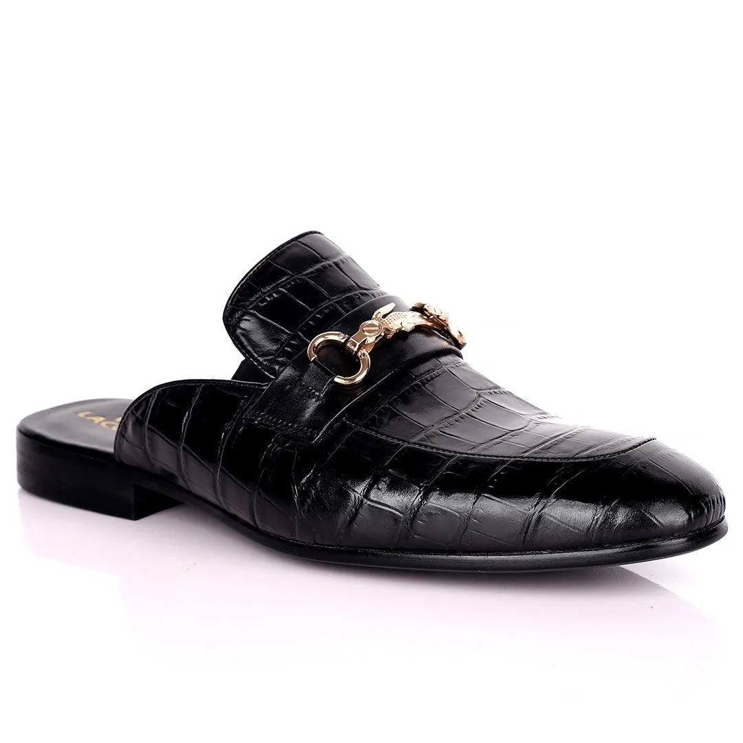 Lacos Elegant Gold Logo Designed Black Half Leather Shoe