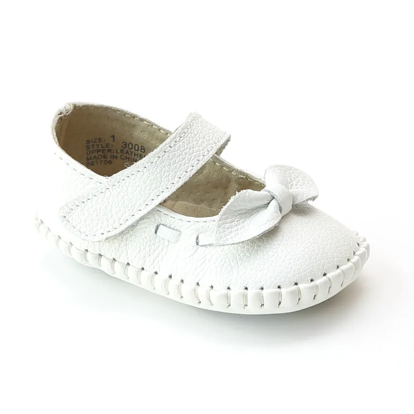 L'Amour Infant Girls 3008 White Leather Bow Stitched Mary Janes