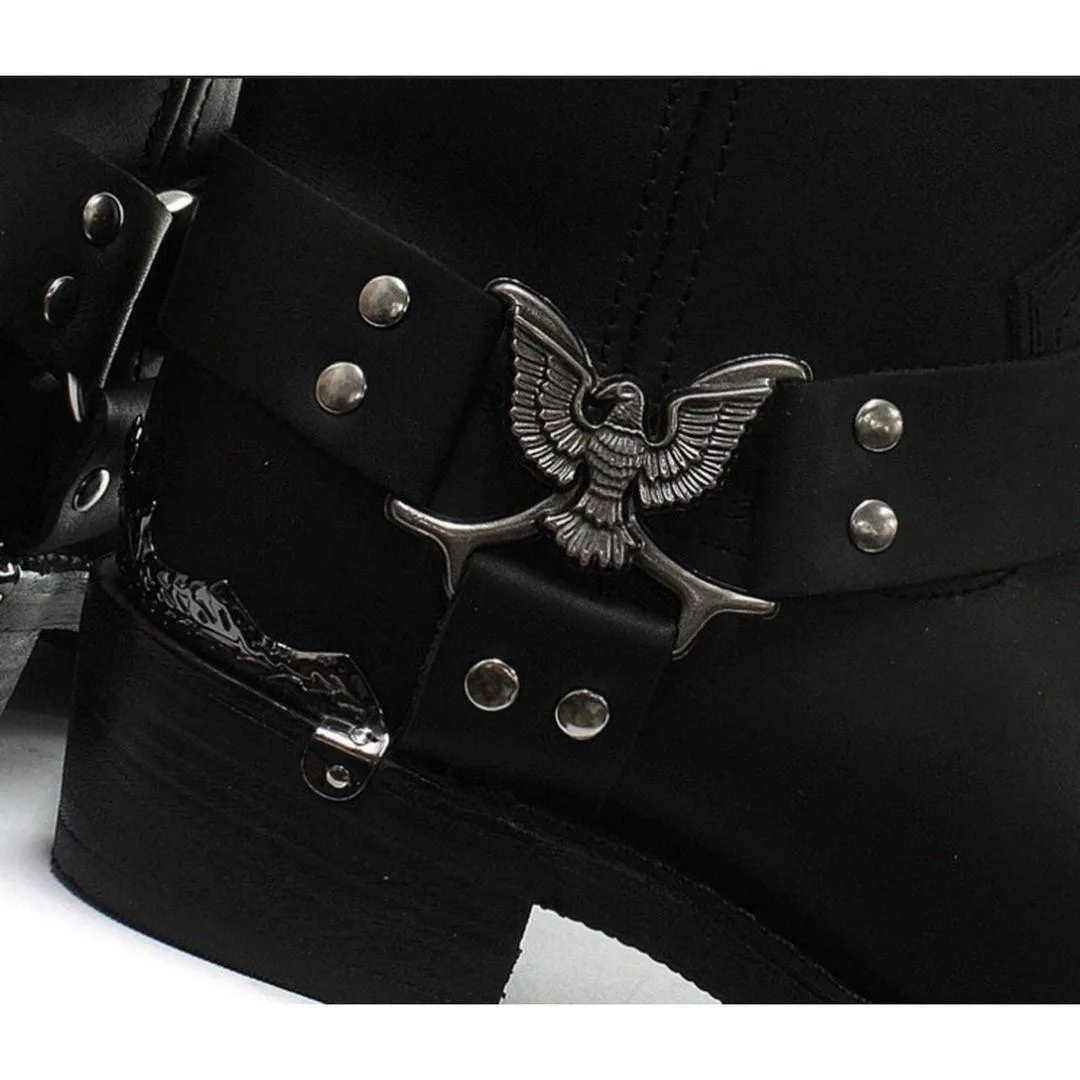 Mens Real Leather Hi Biker Boots Rock Punk Grinders Eagle Buckle Metal Toe