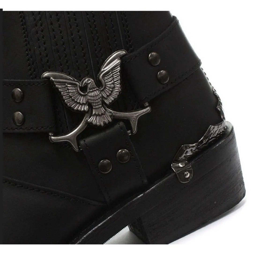 Mens Real Leather Lo Biker Boots Rock Punk Grinders Eagle Buckle Metal Toe