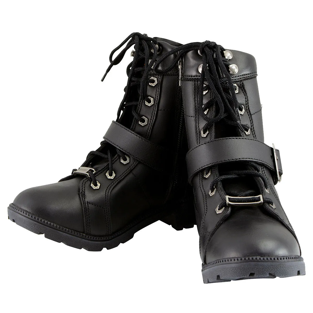 Milwaukee Leather MBL9325 Women's Premium Black Lace-Up Classic Leather Motorcycle Biker Boots w/ Side Zipper