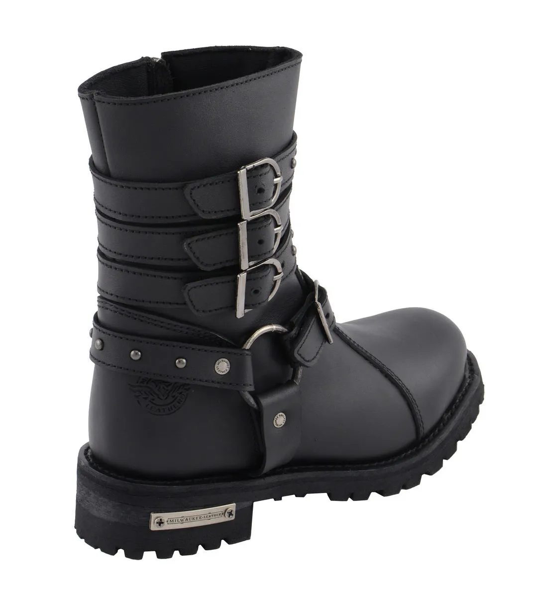 Milwaukee Leather MBL9399 Women's 9-Inch Triple Buckle Black Leather Harness Biker Boots w/ Side Zipper