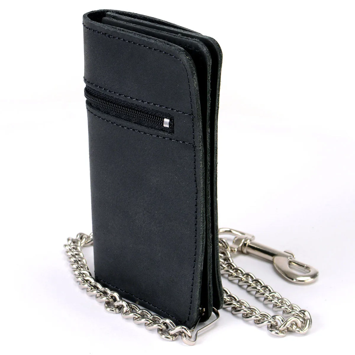 Milwaukee Leather MLW7890 Men's 6" Leather Bi-Fold Biker Wallet w/ Anti-Theft Stainless Steel Chain and Zipper Pocket