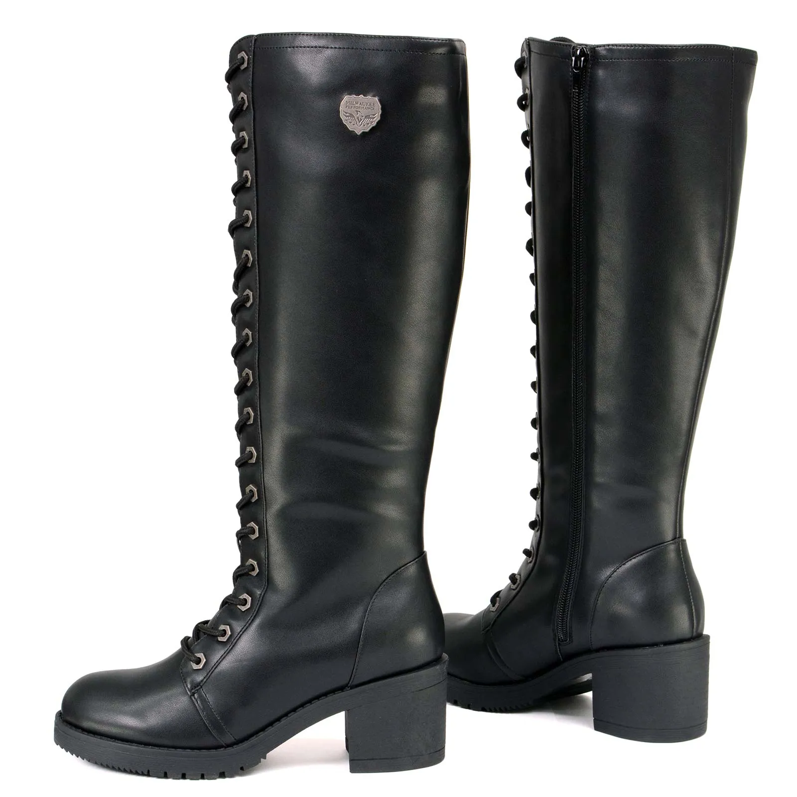 Milwaukee Leather XBL9442 Women's Black Lace-Up Tall Fashion Biker Boots with Square Heel