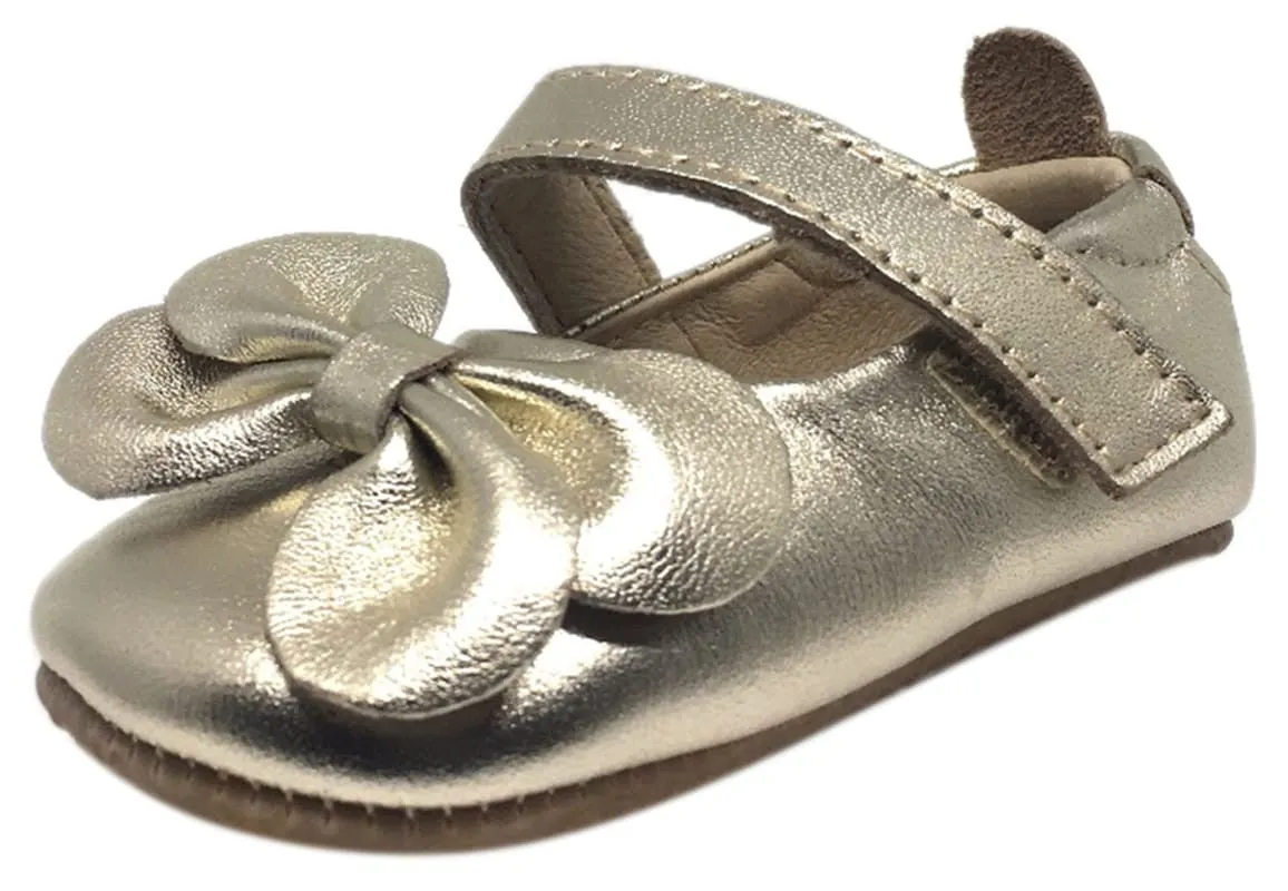 Old Soles Girl's Gold Leather Gab Bow Hook and Loop Mary Jane Crib Walker Baby Shoe