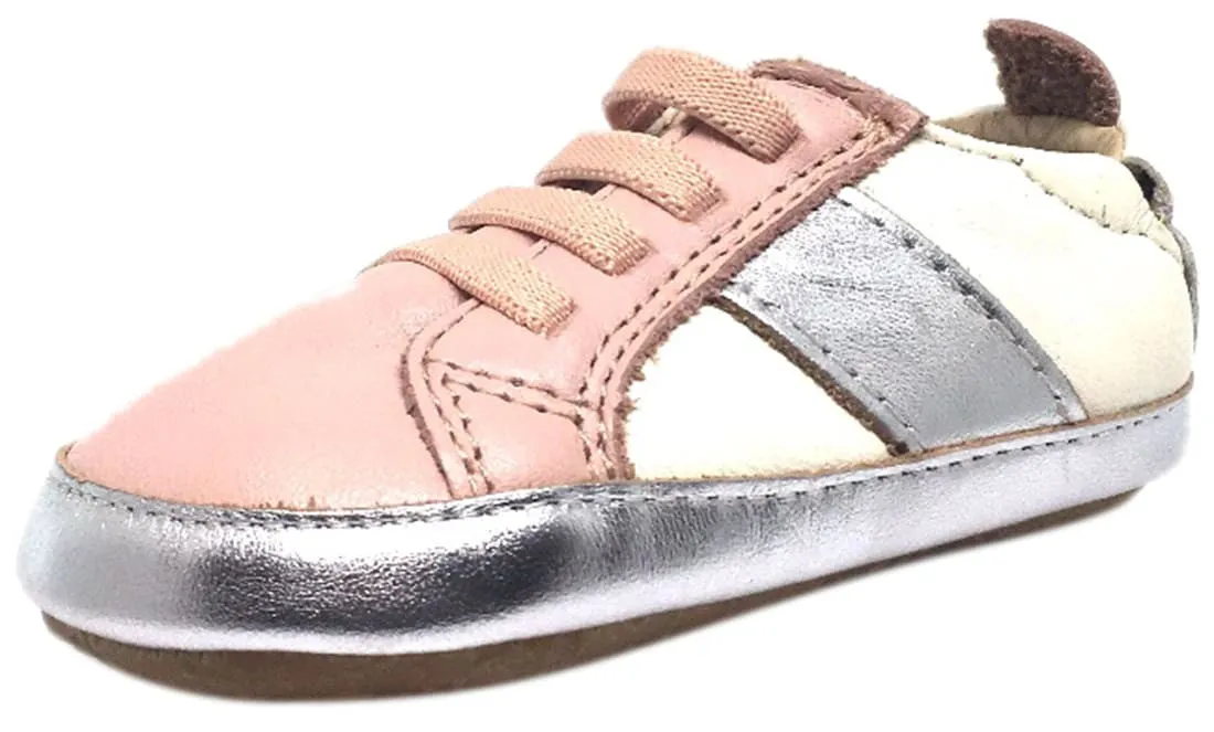 Old Soles Girl's Pink & Silver Leather Gig Shoe Stripe Elastic Lace Slip On Crib Walker Baby Shoe