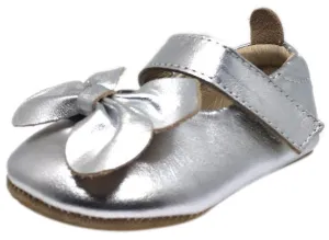 Old Soles Girl's Silver Leather Gab Bow Hook and Loop Mary Jane Crib Walker Baby Shoe